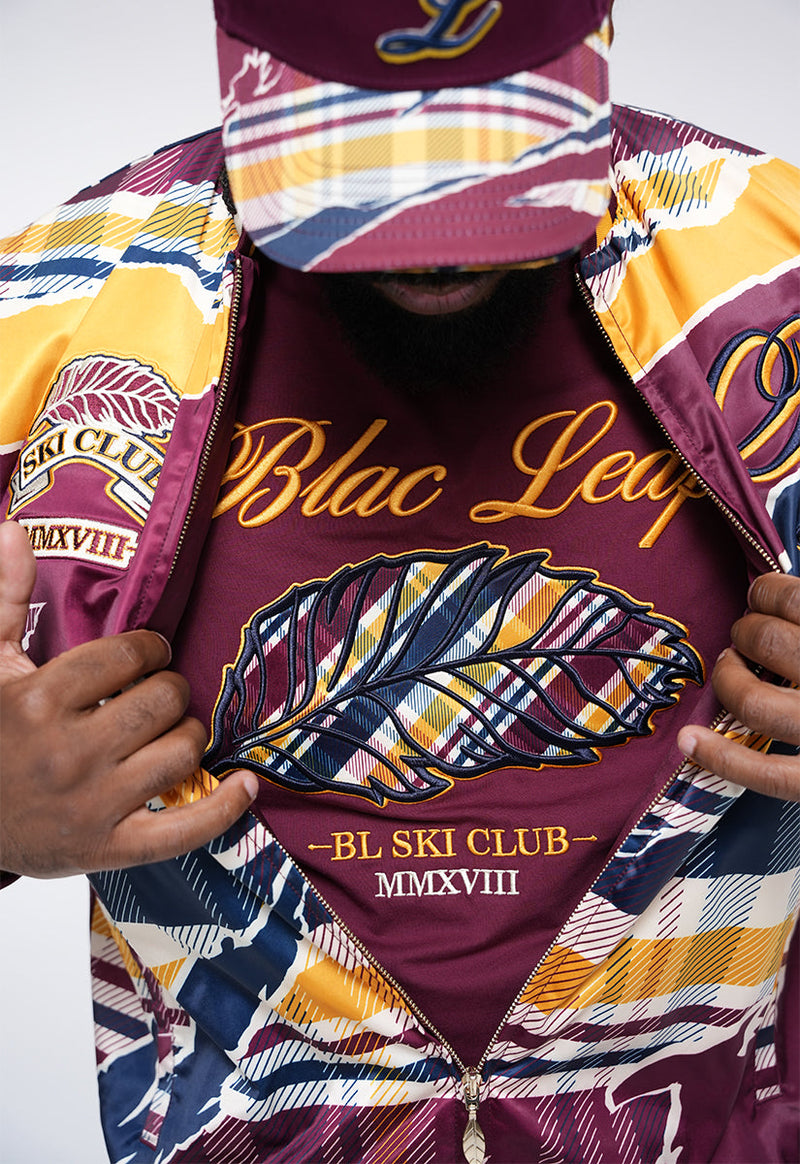 Blac Leaf Ski Club Bomber Jacket, Denim Jeans and Trucker Hat Bundle