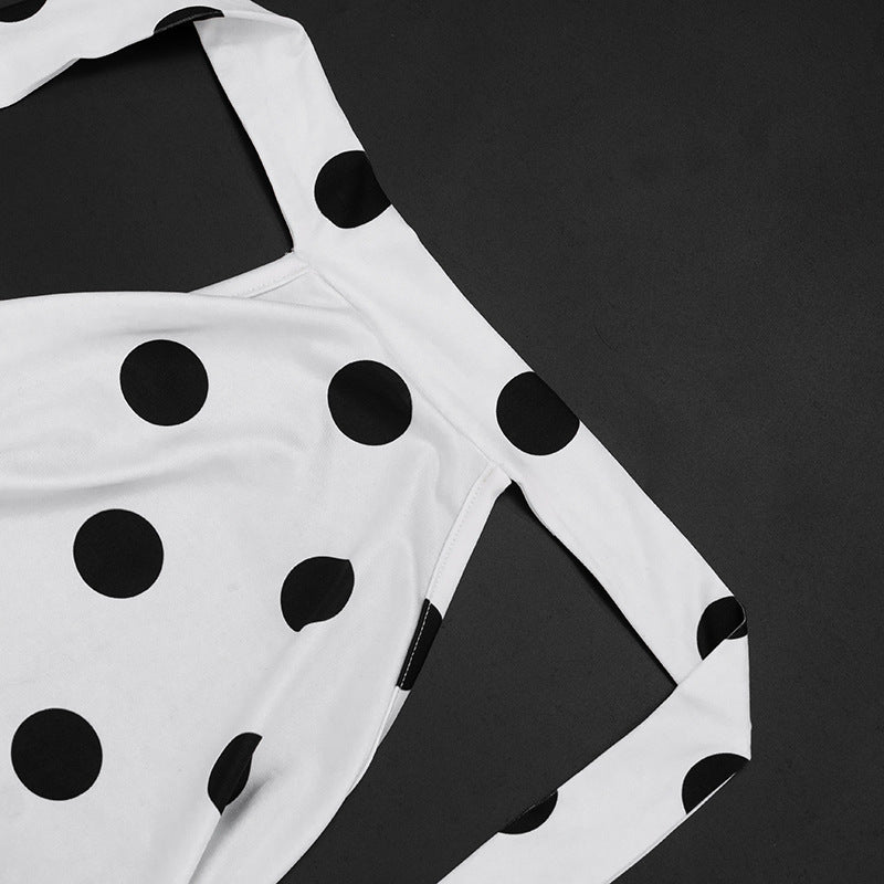 Polka Dots Print Tie Up Backless Seventh Jumpsuit With Hairband GDSF D26JP095