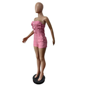 Solid Color Wrap Chest Denim Romper MEM 88636