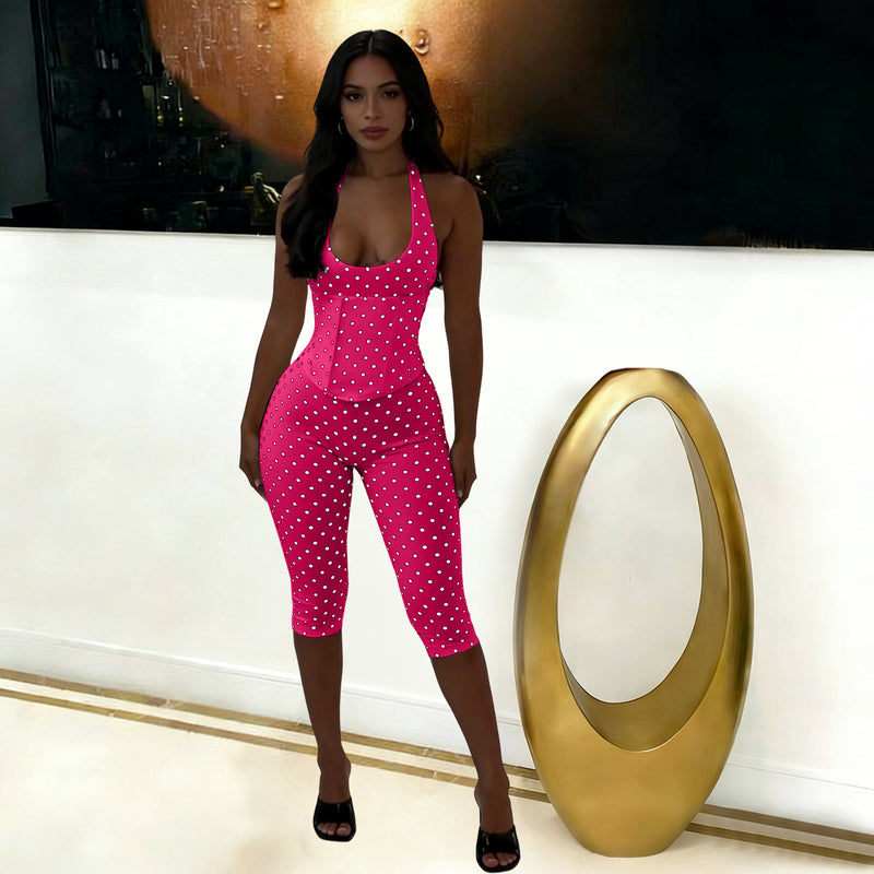 Polka Dots Print Halterneck Tie Up Seventh Jumpsuit TK 6350