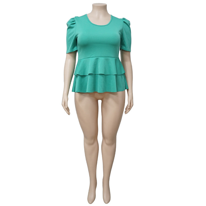 Plus Size Ruffles Short Sleeve T Shirt NNWF 7071
