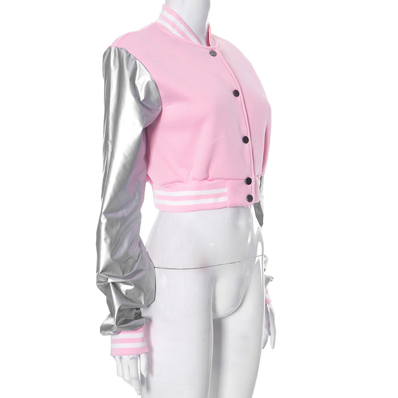 Color Block Short PU Leather Baseball Coat GSZM K23TP377