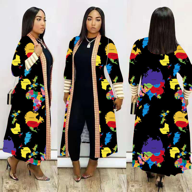 Plus Size Print Long Sleeve Knit Coat GRNH 8078