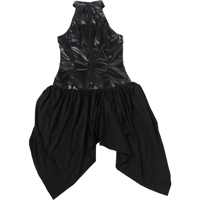 Solid Color PU Leather Patchwork Mini Dress GZJQ K6D11973A