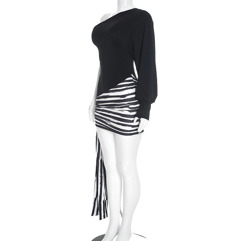 Single Shoulder Long Sleeve Stripe Mini Dress GSZM C26DS328