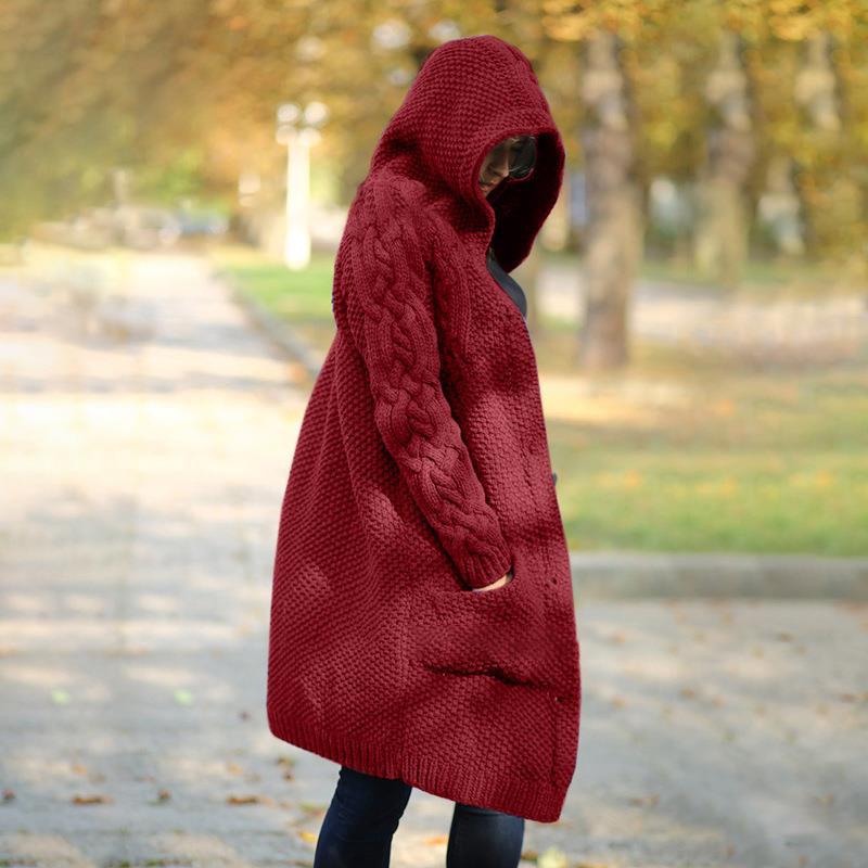 Plus Size Hooded Single Breasted Knit Long Sleeve Coat GBLH 3355