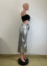 Split Half PU Leather Skirt With Belt QODY 6005