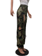 Camouflage Print Holes Cross Straight Pants OD 8600