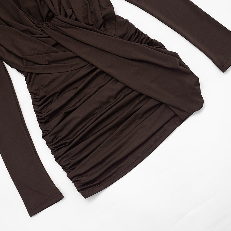 Deep V Neck Logn Sleeve Ruched Mini Dress GSZM C26DS333
