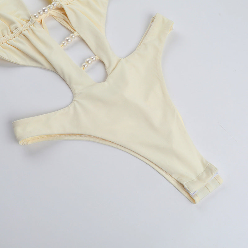 Pearls Hollow Out Solid One Piece Swimsuit FL XY25152MHO