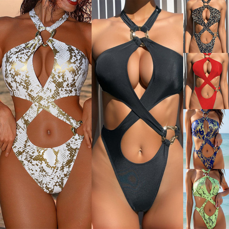 Sexy Print Cross Tie Up One Piece Swimsuit CASF 6732
