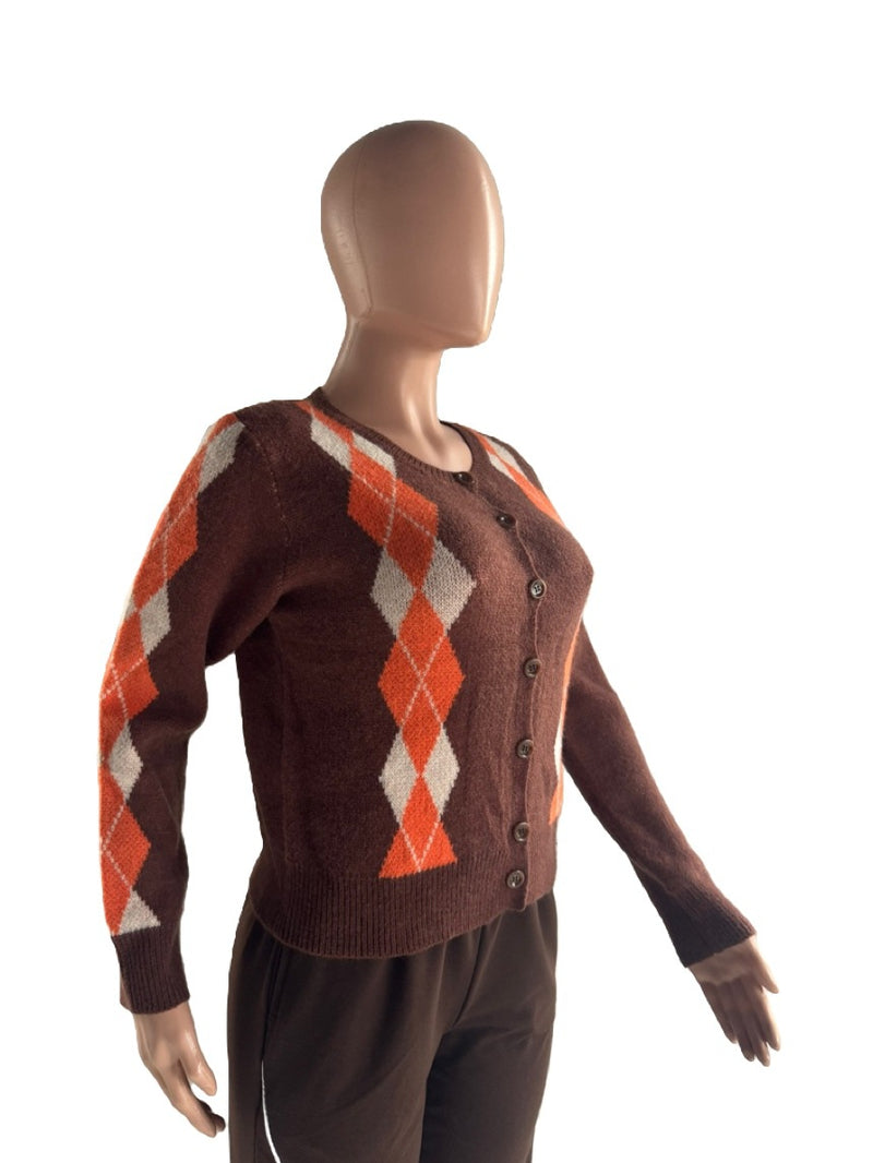 Plus Size Diamond Plaid Color Blocked Sweater Coats YMEF 59125