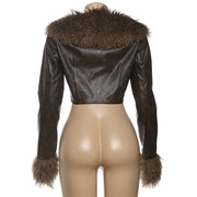 Fur Patchwork Leather V Neck Coat DLSF K25L85062
