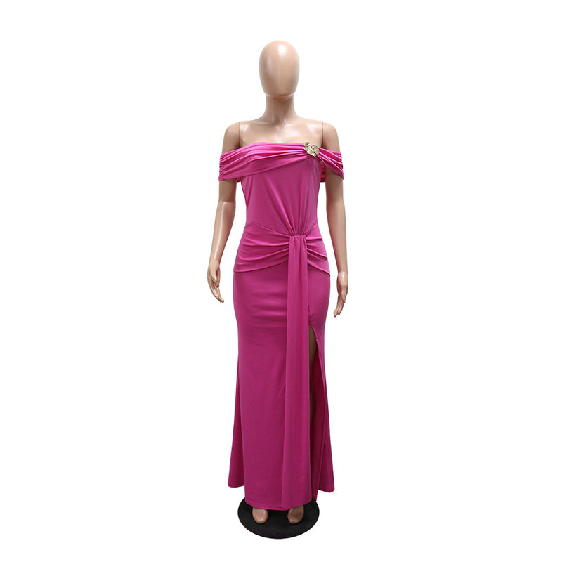 One Shoulder Solid Color Split Maxi Dress CYA 902371