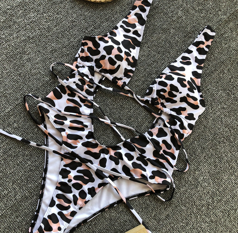 Leopard Print Cutout Tie Up One Piece Swimsuit CSYZ A992
