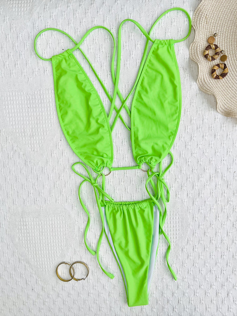 Solid Color Sexy Cross Tie Up One Piece Swimsuit CASF 6588