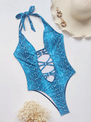 Snake Skin Print Halter One Piece Swimsuit CASF 6253