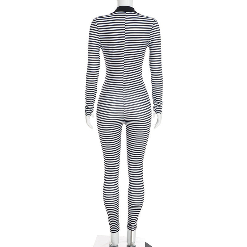 Stripe V Neck Long Sleeve Jumpsuit GDSF D26JP290