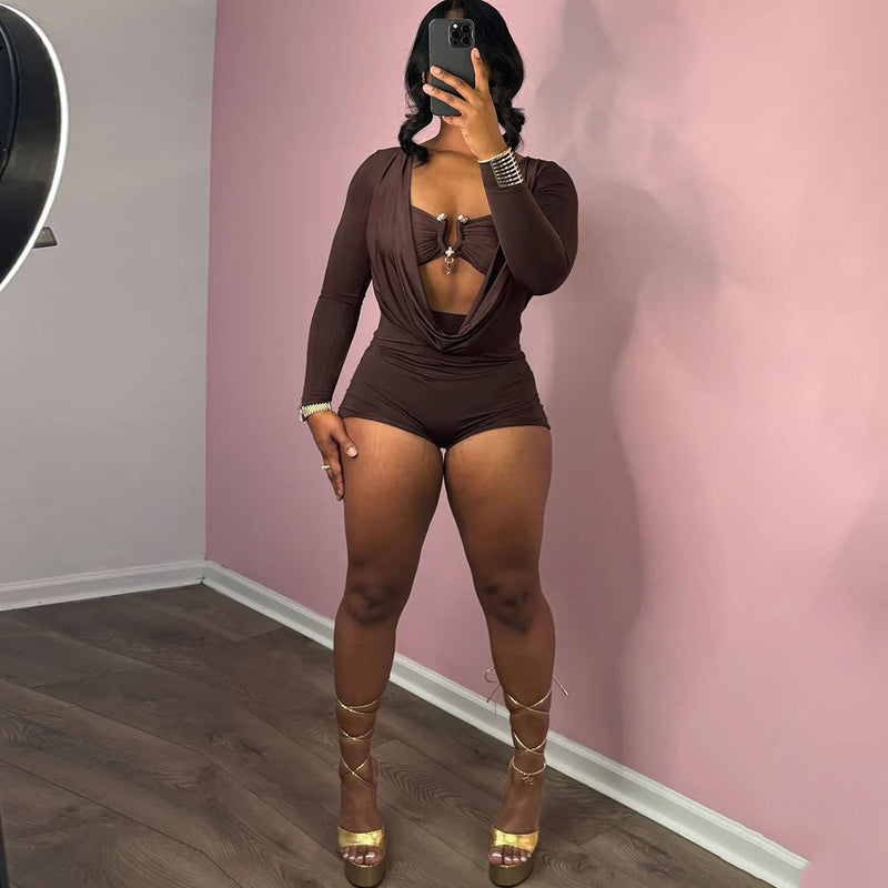 Deep V Neck Solid Color Long Sleeve Romper GZJQ K24Q62136