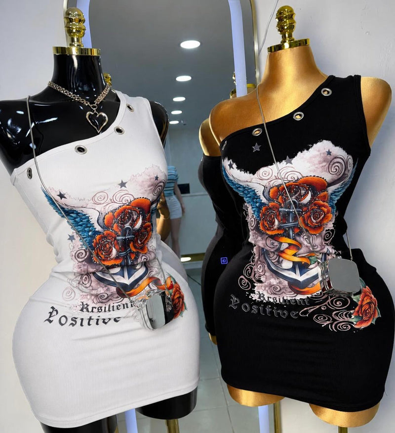 Print Slash Shoulder Mini Dress GFCF 1519