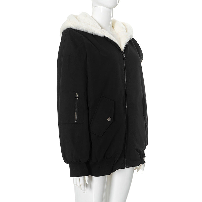 Solid Color Hooded Zipper Plush Jacket GSZM ZTP1449