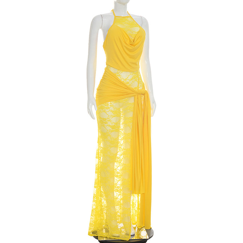 Lace Patchwork Halterneck Split Maxi Dress GDSF D26DS201