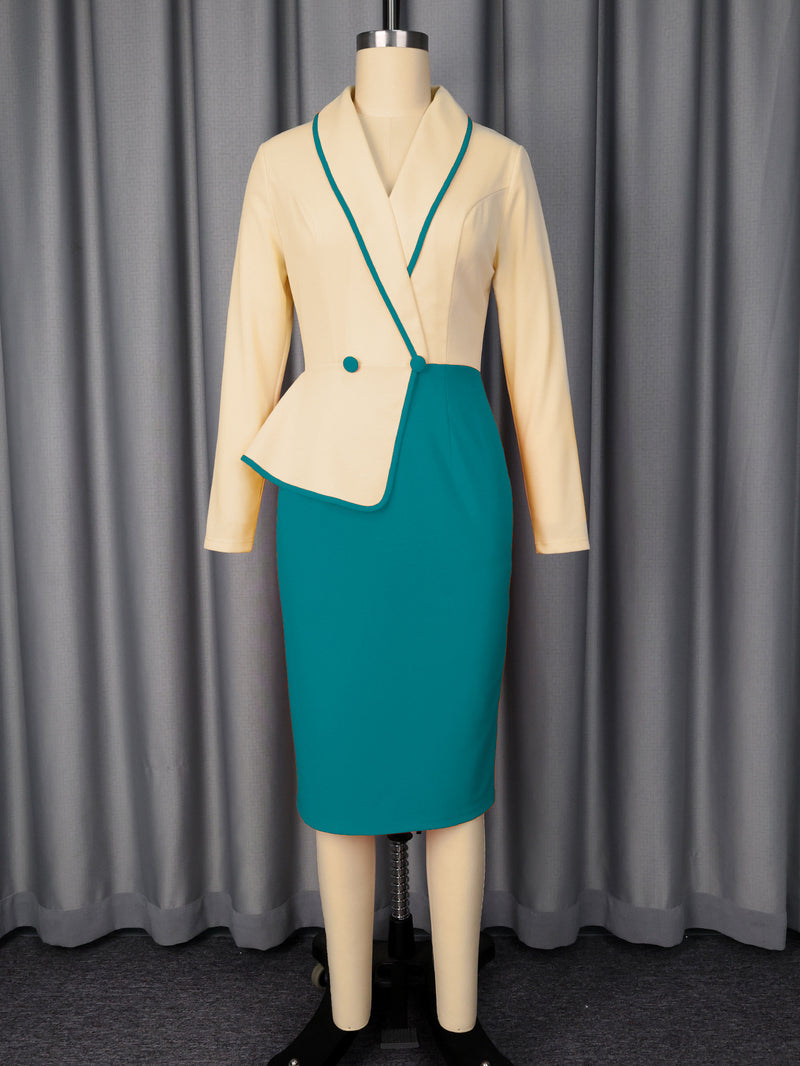Plus Size Color Block Long Sleeve Midi Dress GKEN ADR051131