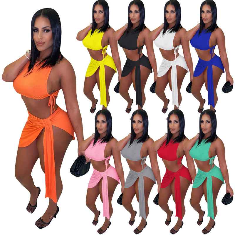 Solid Lace Up Sleeveless Mini Skirt 2 Piece Sets NIK 251