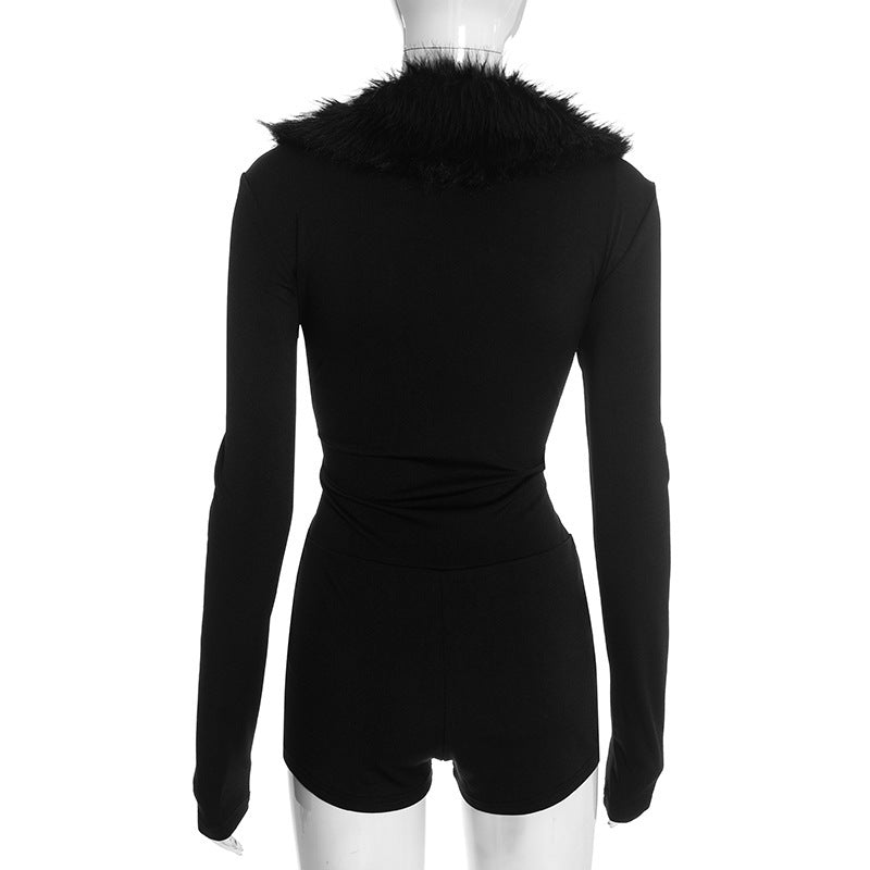 Black Zipper Long Sleeve Slim Romper GDSF J25RP389