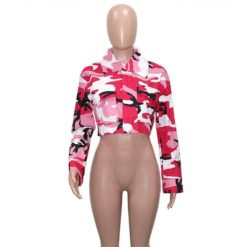 Camouflage Print Lapel Neck Short Coats SH 390421