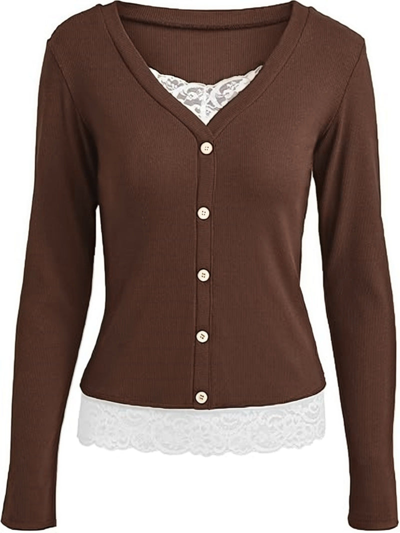 Fashion Lace Splice Long Sleeve Tops GYOU CX1031
