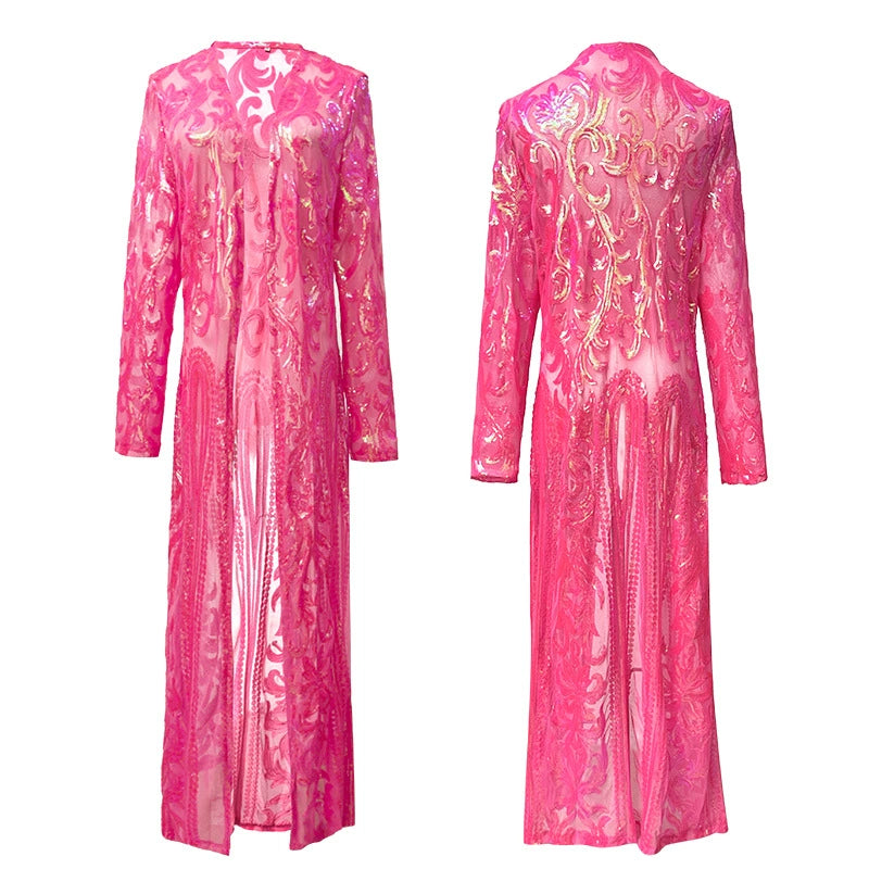 Plus Size Sequin Embroidered See Through Cardigan Coats GMMD 8088