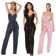 Sequin Sling V Neck Tie Up Jumpsuit GYOM 8817