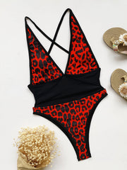 Leopard V Neck Bandage One Piece Swimsuit CASF 6316