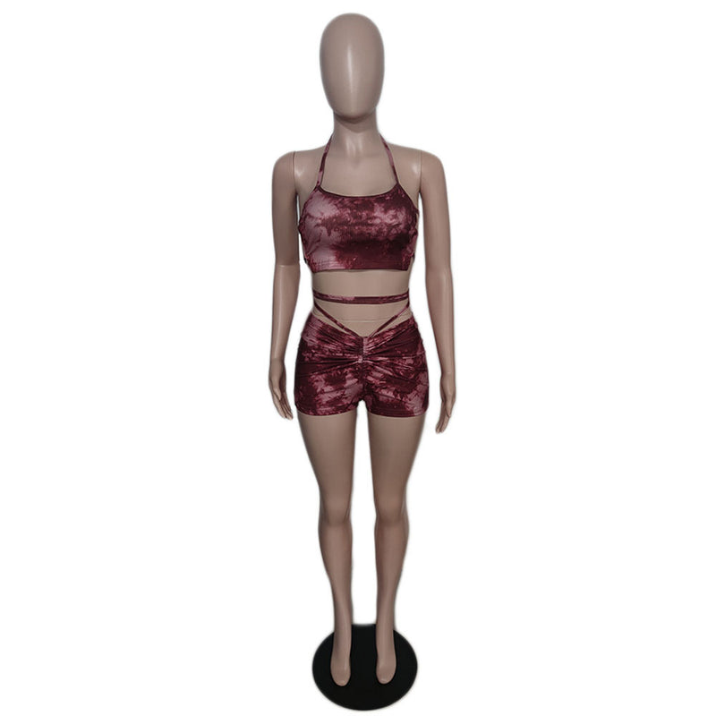Sexy Print Sling Vest Drawstring Shorts Two Piece Set QXTF 8880