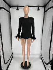 Feather Splicing Long Sleeve Backless Romper QXLB 10099