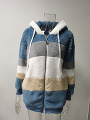 Plus Size Warm Plush Patchwork Zipper Hooded Loose Jacket GOFY 80160