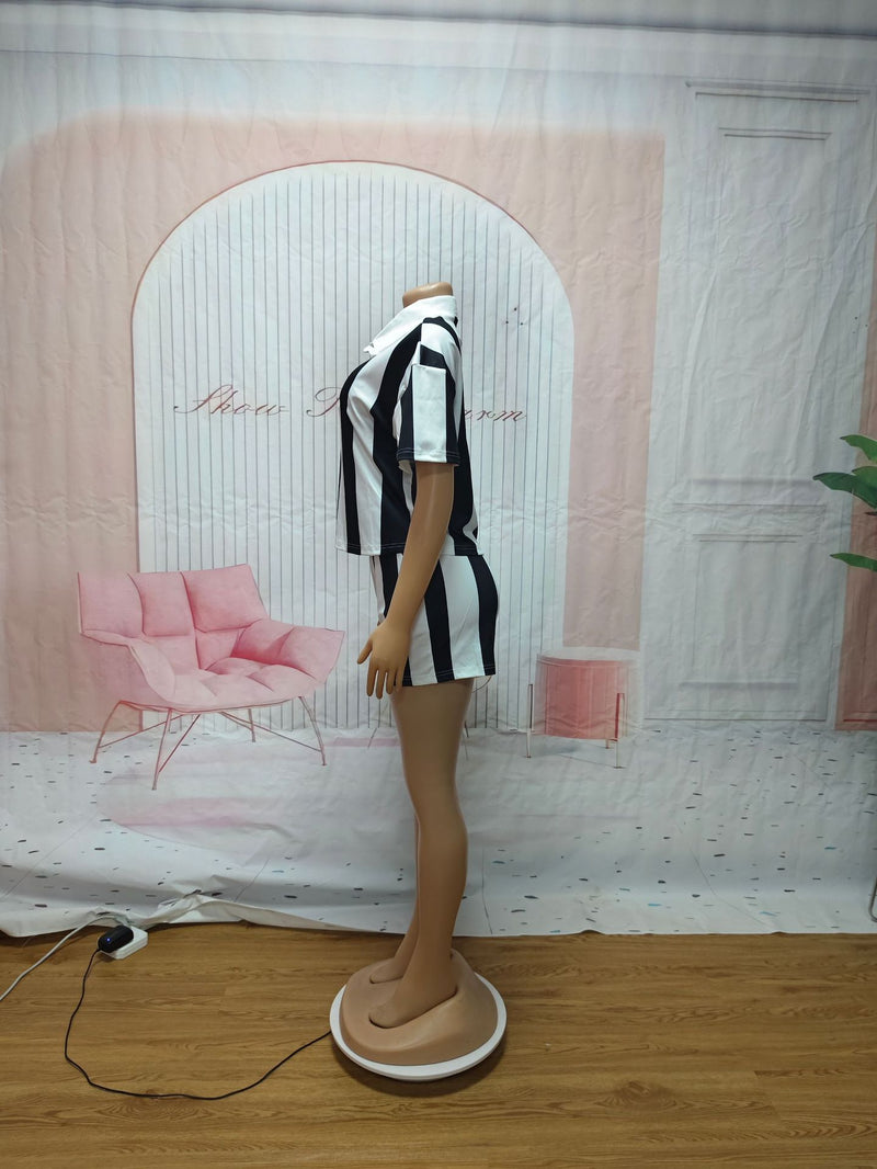 Striped Lapel Short Sleeve Top Shorts Set SFY 734