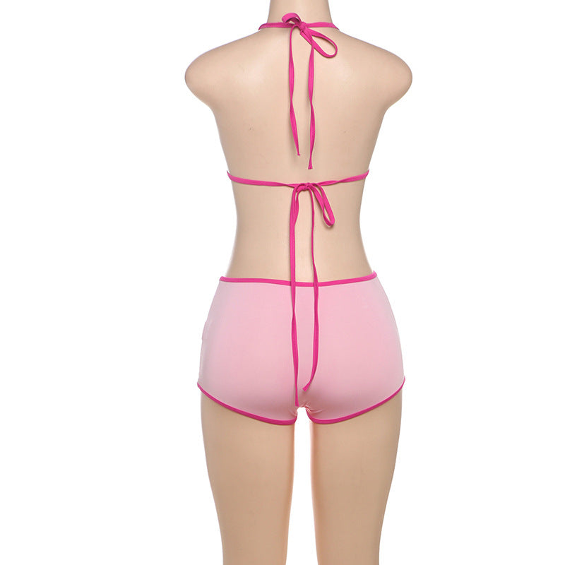 Color Block Tie Up Bikinis Two Piece Short Set DLSF K25S63780