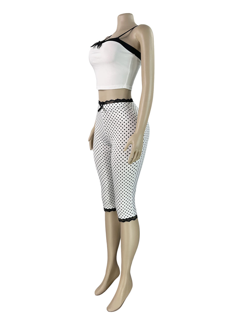 Print Bow Tie Camisole Top Lace Fifth Pants Suit CH 26020