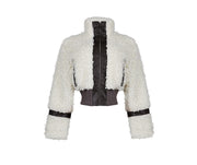 Faux Fur Collar Patchwork Leather Jacket with Lining YMEF 58015