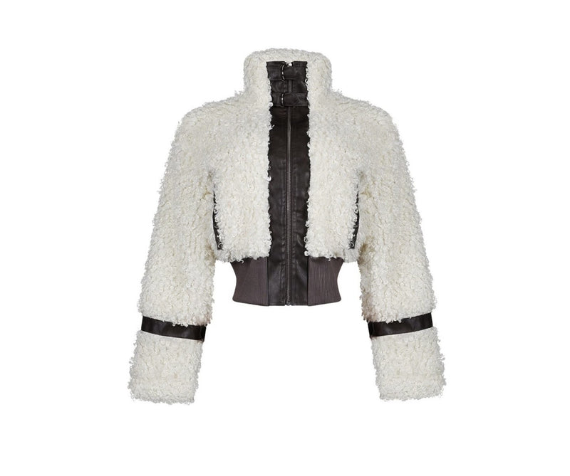 Faux Fur Collar Patchwork Leather Jacket with Lining YMEF 58015