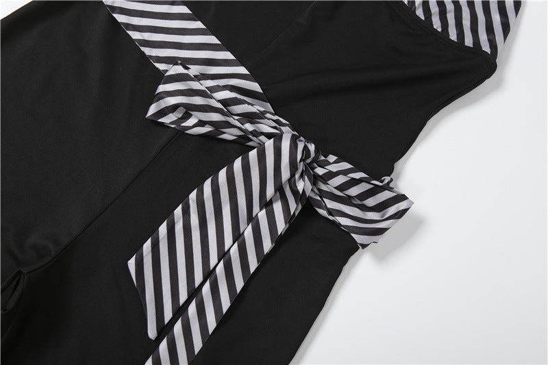 V Neck Patchwork Halterneck Tie Up Seventh Jumpsuit GZJQ K6Q05199A