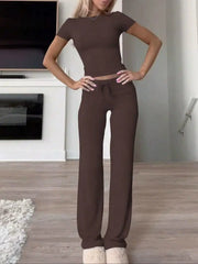 Solid Color Short Sleeve Sports Two Piece Pants Set GYWO 55007