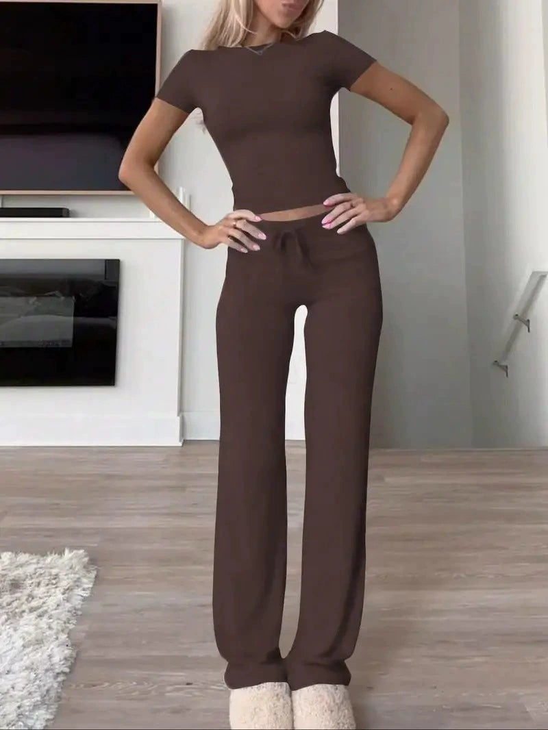 Solid Color Short Sleeve Sports Two Piece Pants Set GYWO 55007