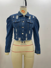 Ripped Bubble Sleeve Denim Jacket GQDH 911