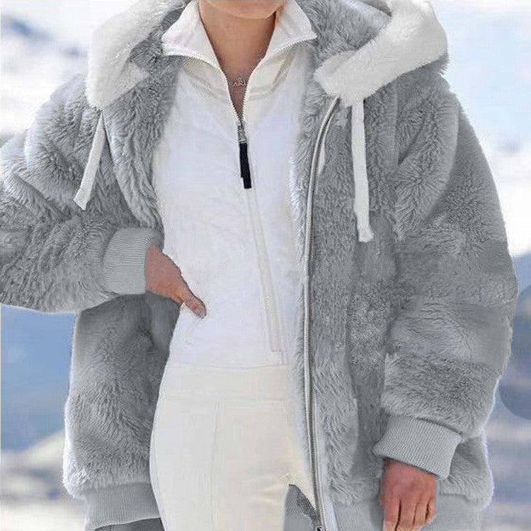 Plus Size Fashion Loose Plush Zipper Hooded Coat GOFY 9910