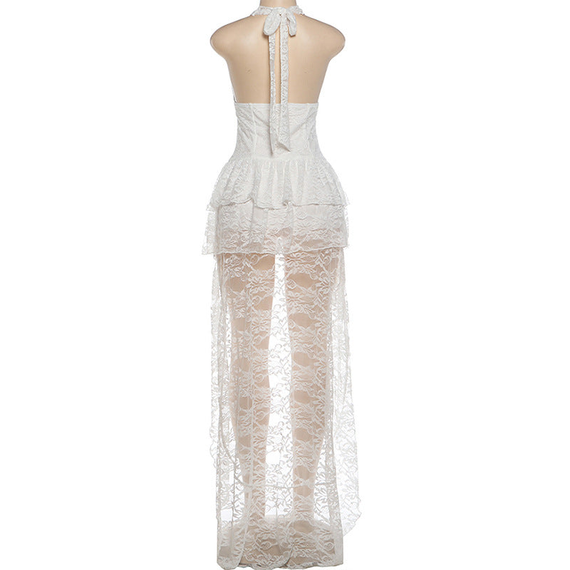 Lace Patchwork Halterneck Mini Dress GZJQ K6D13353A