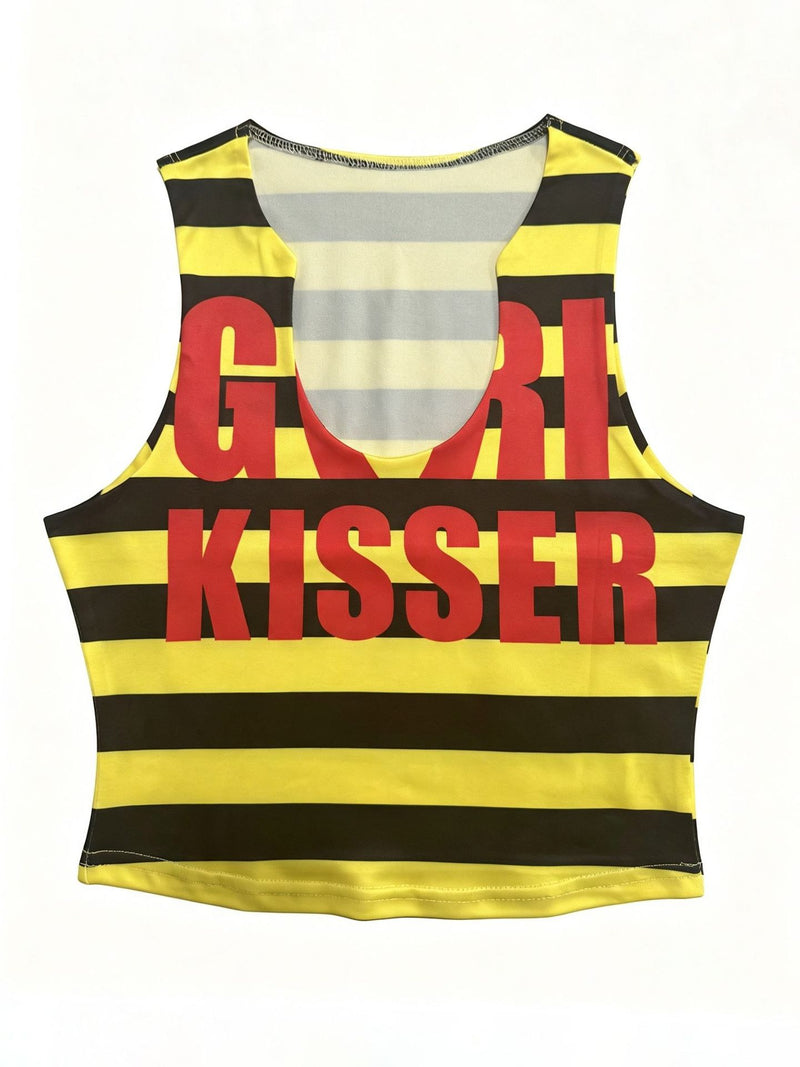 U Neck Stripe Letter Print Tank Top GFCF 1525