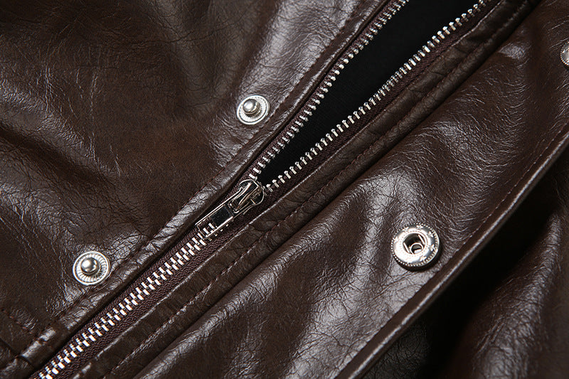 High Neck Solid Color Short Zipper PU Leather Jacket XEF K25C84468